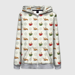 Женская толстовка на молнии Зимний паттерн с оленем и чашками какао