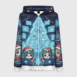 Толстовка на молнии женская Новогодние котики айтишники, цвет: 3D-белый