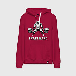 Толстовка-худи хлопковая женская Train hard тренируйся усердно, цвет: маджента