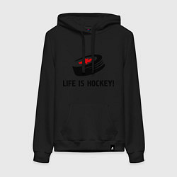 Толстовка-худи хлопковая женская Life is hockey!, цвет: черный