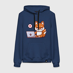 Толстовка-худи хлопковая женская Cute fox and laptop, цвет: тёмно-синий