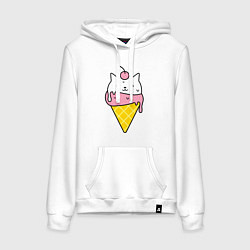 Толстовка-худи хлопковая женская Ice Cream Cat, цвет: белый