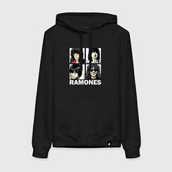 Толстовка-худи хлопковая женская Ramones, Рамонес Портреты, цвет: черный