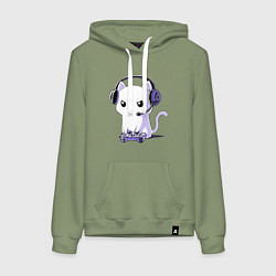 Толстовка-худи хлопковая женская Котёнок игроман The kitten is a gambler, цвет: авокадо