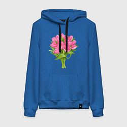 Толстовка-худи хлопковая женская Букет розовых тюльпанов, цвет: синий