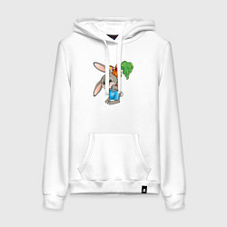 Толстовка-худи хлопковая женская Зайчик прячет морковку, цвет: белый