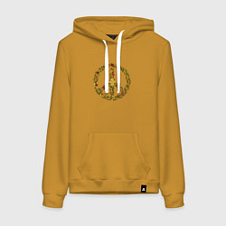 Толстовка-худи хлопковая женская Пацифик знак хиппи цветы, цвет: горчичный