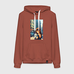 Женская толстовка-худи Городская девчонка с белым котёнком - аниме