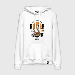 Толстовка-худи хлопковая женская Кот ест лапшу рамен, цвет: белый