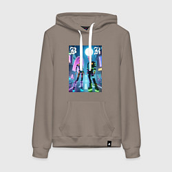 Толстовка-худи хлопковая женская Барби и Кен в ночном городе - неон, цвет: утренний латте