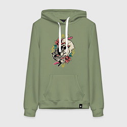 Толстовка-худи хлопковая женская Кролики инь ян, цвет: авокадо