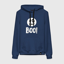 Толстовка-худи хлопковая женская Страшный белый смайлик: Буу!, цвет: тёмно-синий