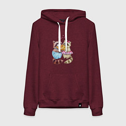 Толстовка-худи хлопковая женская Пицца и енотики, цвет: меланж-бордовый