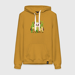 Толстовка-худи хлопковая женская Панда и бамбук с надписью, цвет: горчичный
