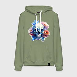 Толстовка-худи хлопковая женская Акварельный череп в цветах, цвет: авокадо