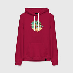 Толстовка-худи хлопковая женская Девушка с яхтой на пляже, цвет: маджента