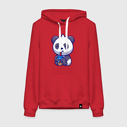 Толстовка-худи хлопковая женская Панда и напиток, цвет: красный