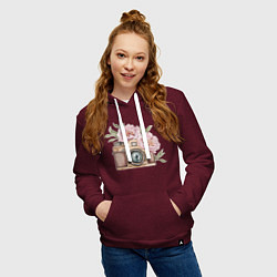 Толстовка-худи хлопковая женская Фотоаппарат с пионами, цвет: меланж-бордовый — фото 2