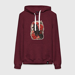 Толстовка-худи хлопковая женская Чёрный волк и красные цветы, цвет: меланж-бордовый