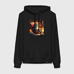 Толстовка-худи хлопковая женская Уютный кот у камина с чашкой какао, цвет: черный