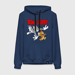 Толстовка-худи хлопковая женская Том и Джерри - погоня, цвет: тёмно-синий