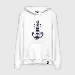 Толстовка-худи хлопковая женская Морская эмблема - якорь и маяк, цвет: белый