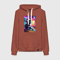 Толстовка-худи хлопковая женская Котёнок в наушниках и мышка, цвет: кирпичный