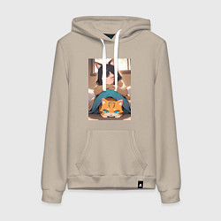 Толстовка-худи хлопковая женская Девочка с рыжим котом, цвет: миндальный