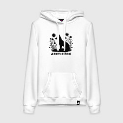 Толстовка-худи хлопковая женская Арктический лис среди цветов, цвет: белый