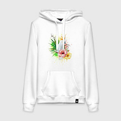Толстовка-худи хлопковая женская Какаду с цветами, цвет: белый
