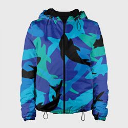 Куртка с капюшоном женская Акулы паттерн, цвет: 3D-черный