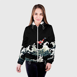 Куртка с капюшоном женская Карп Кои Волна Япония Рыба, цвет: 3D-белый — фото 2