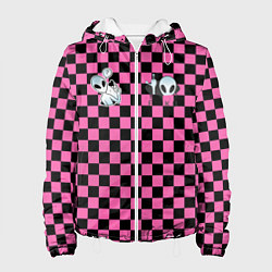 Куртка с капюшоном женская Инопланетянин в черно розовую клетку, цвет: 3D-белый
