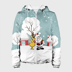 Куртка с капюшоном женская Деревенский Новый Год Дед Мороз и Олень, цвет: 3D-белый