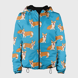 Куртка с капюшоном женская Счастливые корги паттерн, цвет: 3D-черный