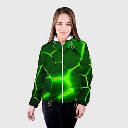 Куртка с капюшоном женская 3D ПЛИТЫ НЕОН NEON GREEN HEXAGON РАЗЛОМ, цвет: 3D-белый — фото 2