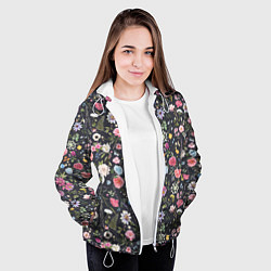 Куртка с капюшоном женская Разные цветы, листья, травы на темном фоне, цвет: 3D-белый — фото 2