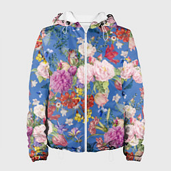 Куртка с капюшоном женская Цветы Розовый Букет На Синем Фоне, цвет: 3D-белый