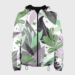Куртка с капюшоном женская Зелёные, серые, голубые, сиреневые листья на белом, цвет: 3D-черный