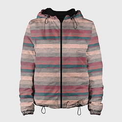 Куртка с капюшоном женская Серые, бежевые, красные полосы с текстурой дерева, цвет: 3D-черный