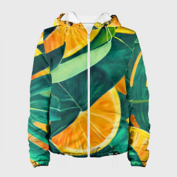 Куртка с капюшоном женская Листья монстеры и дольки апельсинов, цвет: 3D-белый