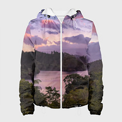 Куртка с капюшоном женская Пейзаж вечерней реки и леса, цвет: 3D-белый