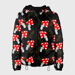 Куртка с капюшоном женская Мухоморы на черном фоне, цвет: 3D-черный