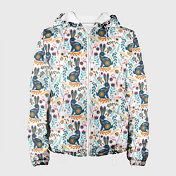 Куртка с капюшоном женская Новогодний паттерн - Кролики и веточки, цвет: 3D-белый