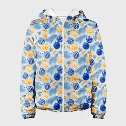Куртка с капюшоном женская Шарики новогодние ёлочные, синие, цвет: 3D-белый