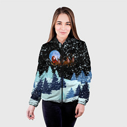 Куртка с капюшоном женская Санта на оленях в ночном небе, цвет: 3D-черный — фото 2