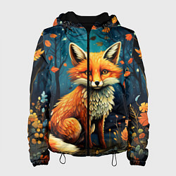 Куртка с капюшоном женская Лиса в Folk Art стиле, цвет: 3D-черный