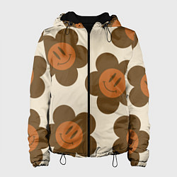 Куртка с капюшоном женская Цветочки-смайлики ретро, цвет: 3D-черный