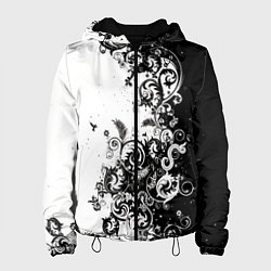 Куртка с капюшоном женская Черно-белая птица среди узорчатых цветов, цвет: 3D-черный