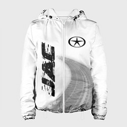 Женская куртка JAC speed на светлом фоне со следами шин: надпись,